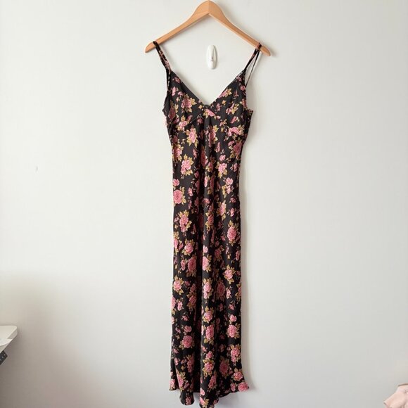 Zara Satin Rose Floral Slip Midi Dress Black Pink Size XS - Picture 8 of 12